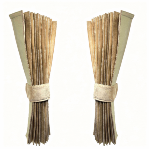 Sada skládaných závěsů z alcantary s koženým lemováním - béžové