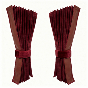 Sada skládaných závěsů z alcantary s koženým lemováním - bordó